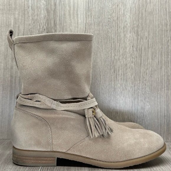 Tommy Hilfiger Booties Womens 8M Amberlee Fringe Tasseled Pull On Leather Beige - Picture 1 of 14